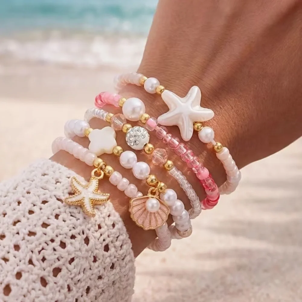 Set of 5 Sea Charm Pink & White Stackable Bead Bracelets - Picture 2 of 5
